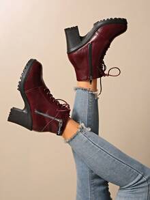 2025 New Women's Boots High Heel Thick Sole Waterproof Platform Ankle Boots, Chunky Heel, British Style, Wine Red, Autumn/Winter