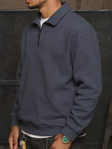 2025 New Autumn/Winter Men's Solid Color Loose Half-Zip Pullover T-Shirt Long Sleeve T-Shirt
