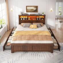 EnHomee Farmhouse Bed Frame With LED Lights And Charging Station Metal Platform Bed With 4 Drawers & Bookcase Headboard No Noise - Xem 2
