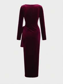 优雅浪漫约会天鹅绒长袖圣诞连衣裙，圣诞派对连衣裙 - 酒紅色 - 查看 6