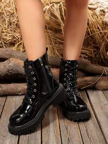 Women's Black New Fashion Versatile Lace-Up Boots, Anti-Slip Soft Retro Thick Sole, Glossy Leather Upper, Comfortable Lining, Metal Eyelets Lace-Up, Side Zipper Design, Suitable For Outdoor Casual, Street, Holiday In Spring And Autumn, Essential Ankle Boots And Short Boots