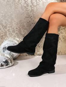 女士褶皱翻边靴 时尚奢华尖头中筒坡跟靴 朋克风套脚宽筒靴 及膝靴 适合秋季、冬季、派对穿着 - 黑色 - 查看 4