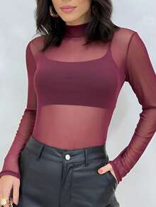 Women's Transparent Style Bodysuit Sensual Look In Plain Tulle High Neck Perfect Look For A Night Out Party - 紅木色 - 查看 3