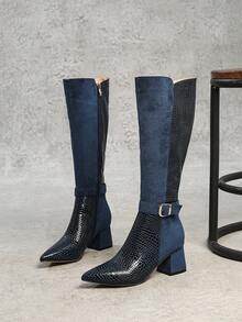 秋冬女式性感时尚皮带扣装饰尖头粗高跟休闲百搭侧拉链蓝色过膝靴，及膝靴 - 藍色 - 查看 7