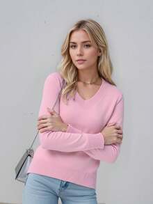 Cold Weather Knitted Sweater Top V Neck Plain Basic Long Sleeve Winter Women Simple Knitwear Knitted Daily Autumn Long Sleeve - 淺粉色 - 查看 1