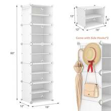 10-Tier White Plastic Shoe Rack With Hooks, 20-Pair Capacity, Durable & Space-Saving For Multiple Rooms