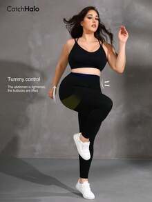 Leggings sin costuras para mujer talla grande con 4 vías de estiramiento - Pantalones de yoga con control de abdomen y cintura alta, adecuados para figuras curvilíneas | Mallas transpirables a prueba de sentadillas (Negro, 0XL~3XL) - Negro - Ver 5