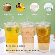 Two 20oz Glass Beverage Cups, Glass Cups With Straws And LIDS, Covered Iced Coffee Cups, Beverage Glass Cups, Office, Home And Striped Glass Cups, Glass Coffee Cups, Iced Coffee Cups, Beverage Cups - 2 bộ - Xem 2