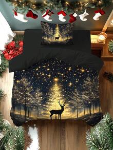 Bộ chăn ga gối in kỹ thuật số họa tiết cây thông Noel, quà tặng, bông tuyết, hươu, ông già Noel, mềm mại và thoải mái, thích hợp cho phòng ngủ, phòng khách, phòng trò chơi, khách sạn, ký túc xá trường học - Nhiều màu - Xem 2