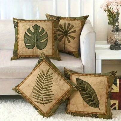 Pacote com 4 capas de almofadas decorativas com estampa de folhas verdes vintage de um lado - 44 x 44 cm, capas de almofadas para sofá adequadas para vários padrões de decoração de casa na sala de estar e no quarto, capas de almofadas decorativas com estampa de plantas, presentes de inauguração, laváveis à máquina com zíper, sem enchimento incluído