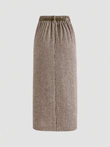 Women's Houndstooth Skirt, Fashionable, Versatile, Elegant, Loose Fit, Slimming - Dark Brown - View 2