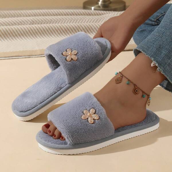 Women's Fluffy Floral Open-Toe Slippers, Warm Cotton Lining, Soft Bottom, Indoor/Home/Office Wear, All Season