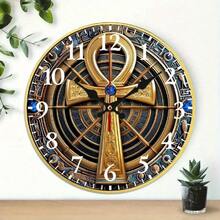 Egyptian Theme Silent Quartz Wall Clock With Ankh Symbol And Hieroglyphics - Gold And Black Metal Design, Large Easy-To-Read White Hands, 2D Flat Round Clock, Suitable For Home Decoration, Birthday/Christmas/Halloween Gift, Egyptian Decorative Clock, Wooden Frame With Silent Quartz Movement, Gold Dial With Black Numbers, Ideal Wall Decoration, Fashionable And Practical Home Accessory, Fashionable Wall Clock, Extra Large Wall Clock, 2D Flat Design - 10x10in - View 1