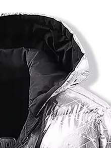 1pc Men's Silver Shiny Reflective Cuff Patch Pocket Design Cold-Resistant Padded Coat, Minimalist Hooded Style, Machine Washable, Versatile Old Money Style, Fall/Winter