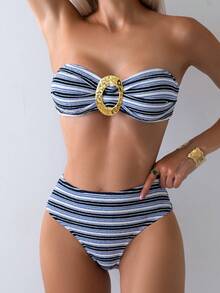 Striped Metal Ring Decor Bikini 2 Pieces Set, Suitable For Summer, Popular In Europe And America