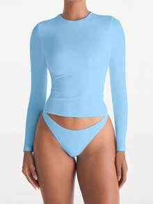 XLLAIS 弹力修身休闲夜店长袖亮蓝色T恤，双层瑜伽面料，适合秋冬春季穿着 - 淺藍色 - 查看 2