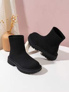 Children's Simple Round Toe Solid Color Series Knit Boots, 2025 Autumn/Winter New Fashionable Versatile Thick Sole Chunky Heel Black Mid-Calf Boots, Outdoor Comfortable Breathable Non-Slip Girls Ankle Boots - Black - View 2