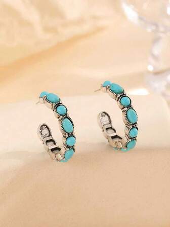1 Pair Fashionable Retro Bohemian Style C-Shaped Turquoise Micro-Inlaid Hoop Earrings, Suitable For Women's Daily Wear