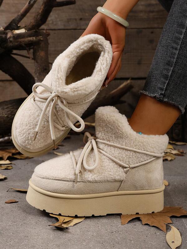 Pantofi de iarnă pentru femei cu talpă groasă, cizme casual scurte cu șireturi și căptușeală termică, călduroase pentru toamnă/iarnă, cizme din blană
