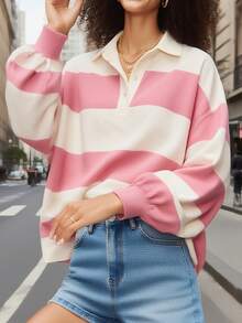 Y2k Women Striped Rugby Polo Shirt Long Sleeve Collared Oversized Vneck Sweatshirt Vintage Jersey Girls Streetwear - 紅色 - 查看 2