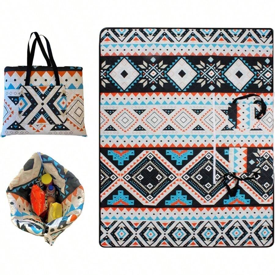 Outdoor Packable Picnic Blanket With Zipper Folds Into Tote Bag With Large Storage And Shoulder Strap Waterproof Sandproof For Lawn Beach Hiking Camping Colorful2 Large