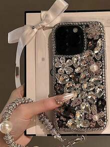 Fashionable Luxury Crystal Flower Pearl Rabbit With Crystal Ring Bracelet Phone Protective Case Suitable For IPhone 17 Pro Max/16 Plus Anti-Drop Phone Case - Black and White - View 1
