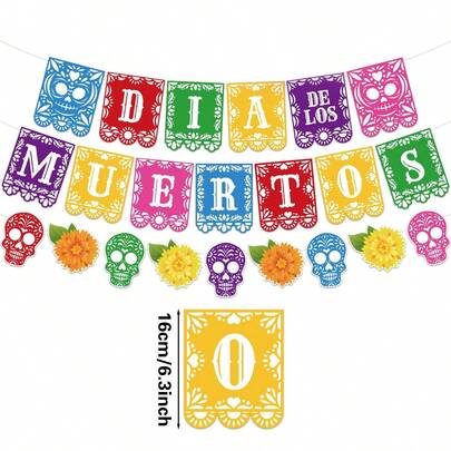 1 套亡灵节装饰，包括 12 件纸质螺旋挂卡、糖头骨/万寿菊花环、墨西哥派对装饰、汽车和室内悬挂横幅