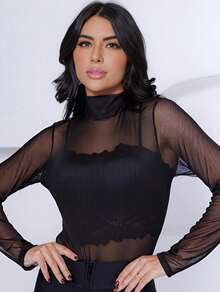 Women's Transparent Style Bodysuit Sensual Look In Plain Tulle High Neck Perfect Look For A Night Out Party - Black - View 1