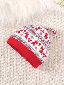 3件套新生男宝宝休闲针织熊猫印花长袖连体衣+熊猫印花裤子+帽子套装 - 紅色 - 查看 10