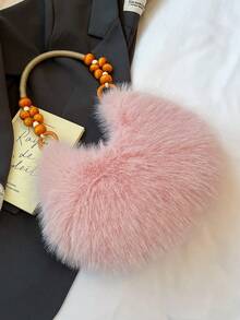 2025 Autumn/Winter Furry Handbag, Plush Small Bag, Shoulder Dumpling Bag, Wooden Bead Unique Creative Tote Bag, Shoulder Bag