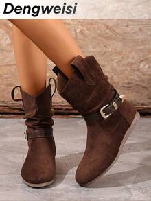 Coffee Pleated Strap Buckle Slip-On Low Heel Round Toe Comfortable Versatile Elegant Daily Commute Office Fashion Mid-Calf Boots For Women - Coffee Brown - View 6
