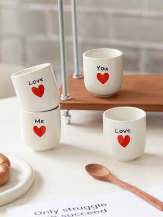 4pcs Minimalist Ceramic Coffee Cup Set With Tray, Includes Heart-Shaped Mugs, Ideal For Family, Couples, Afternoon Tea, Housewarming, Valentine's Day Gift, Compact And Non-Slip