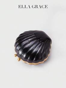 ELLA GRACE - 贝壳形亚克力手拿包，配复古球形扣和可拆卸金色链条肩带，优雅晚宴包，适合女士、婚礼和宴会 - 黑色 - 查看 5