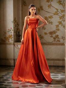 Women's Long Strapless Zibeline Dress Simple Elegant Party Satin Zipper Pocket Side Slit Godmother Civil Wedding Debutante Graduate Party Birthday Party Anniversary Party Graduation Party Formal And Evening Photoshoot Wedding Guest Prom - 紅陶 - 查看 1