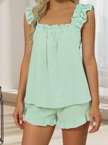 Womens 2 Piece Pajamas Set Cute Sleeveless Ruffle Tank Tops + Shorts Set Lounge Clothes - Màu xanh Bạc hà - Xem 2