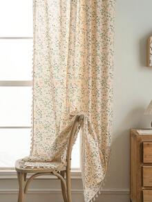 1pc Rustic Floral Curtain, Rectangular With Tassels Decor, Semi-Sheer Pole Top Curtain, Suitable For Bedroom, Living Room, Kitchen, Balcony, Patio, Study, Dining Room, Room Divider, Indoor Home Decor, All Season