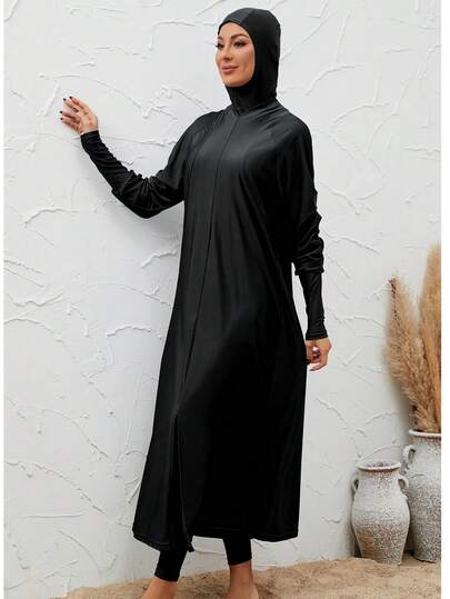 VFJ Elegant Black Long-Sleeve Modest Swimwear With High Stretch Fabric, Round Neck And Front Zipper Detail, Full Coverage Swimwear Vacation Beach Summer, Burkini