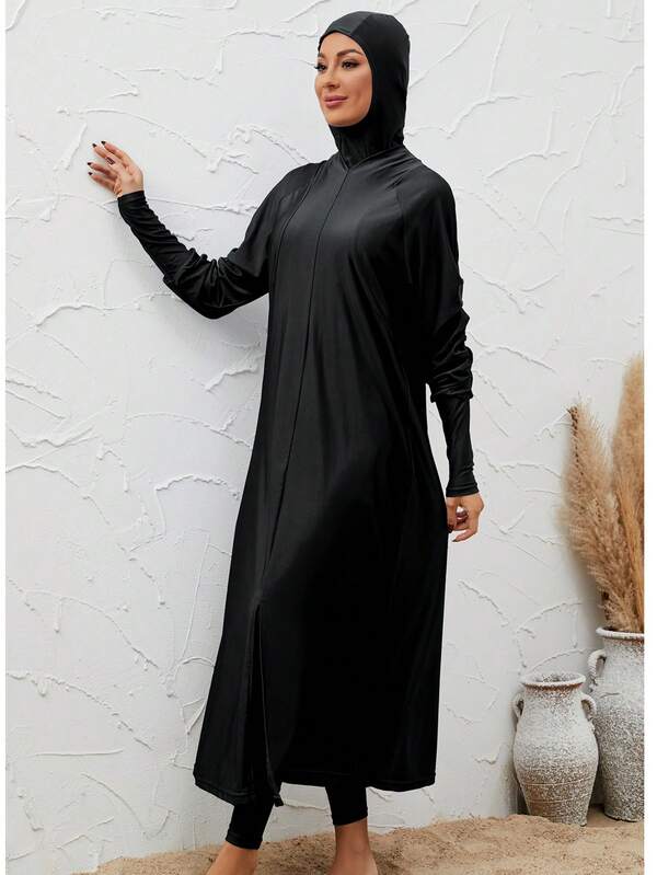 VFJ Women's Black High Stretch Burkini Round Neck Long Sleeve Zipper Belted Full Coverage Elegant Swimsuit With High Waist Leggings