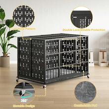 42 Inch Large Dog Crate With Soft Pad Indestructible Heavy Duty Steel Dog Crate Modern Bone-Shaped Pattern Big Removable Dog Cage With Lockable Wheels Indoor/Outdoor For Large Dog - BLACK(42.52"L x 29.92"W x 34.46"H) - 查看 3