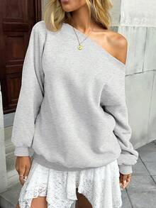 Women's Fleece Lined Off Shoulder Long Sleeve Oversized Pullover Top, Slouchy Basic Sweatshirt 8UTF - Gray - 查看 6