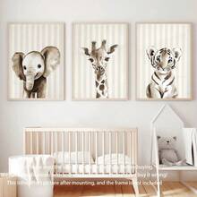 3pcs/Set, Canvas Wall Art, Framed Nursery Decor, Animal Wall Art For Kids' Room, Gray Nursery, Neutral Nursery, Giraffe, Elephant, Tiger, Animal Motifs, Playroom, Nursery Wall Decor, Gift For Expectant Mothers, Baby Room Decor - Multicolor - View 7