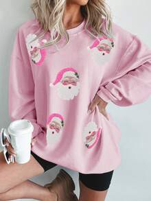 女士休闲宽松长袖圣诞老人亮片卫衣 - 粉色 - 查看 2