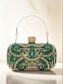 1个金属手柄镶钻晚宴手拿包，女士金色婚礼派对手提包，链条单肩包，情人节小礼物 - 綠色 - 查看 9