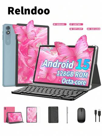 Relndoo Android 15 Tablet With Keyboard And Mouse, 10.1 Inch Tablet With Laptop Case, Stylus, Cable, T606 Octa-Core Processor 1.6GHz, (4GB+20GB) RAM+128GB ROM, 802.11n Wifi 2.4G/5G Wireless, 1280*800 IPS FHD Screen, 6000mAh Battery, 5MP+13MP Dual Camera, Supports 1TB SD Expansion, 802.11n Wifi 2.4G/5G Wireless, GPS, Certified Tablet PC (No Adapter)-Pink