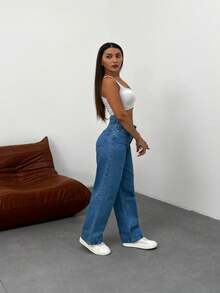 Kadın Koyu Mavi Soluk Efekt Likralı Yüksek Bel Geniş Paça Bol,Salaş Palazzo Jeans - 藍色 - 查看 4