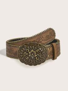 1pc Bohemian Gold Trim Floral Print Vintage Belt, Suitable For All Seasons, Can Be Worn With Coats, Dresses, Jeans Summer, School Fall, Autumn, Halloween - Brown Leather Belt - View 18