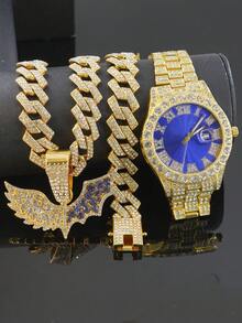 Conjunto de collar con colgante de alas de murciélago con diamantes y reloj de esfera azul con diamantes completos, joyería con cadena cubana con brillo para raperos y ropa urbana - Azul - Ver 3