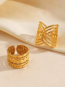 2pcs Stainless Steel Minimalist Geometric Line Open Ring Set, Fashionable Everyday Jewelry For Women - Multicolor - View 5