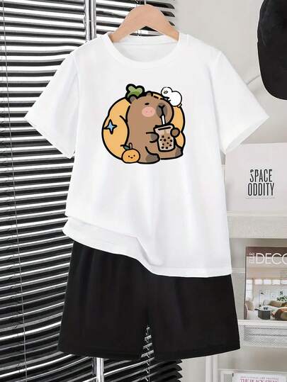 Conjunto informal de moda infantil para verano Camiseta blanca + pantalones cortos negros Estampado de ositos adorable Ropa infantil cómoda y transpirable Ropa de verano para niños