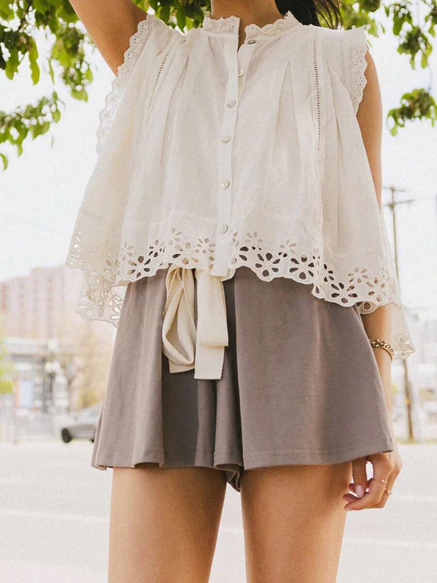 Women's Summer Button Down Blouses Casual Stylish Solid Eyelets Trim Loose Fit Sleeveless Tops - trắng - Xem 1